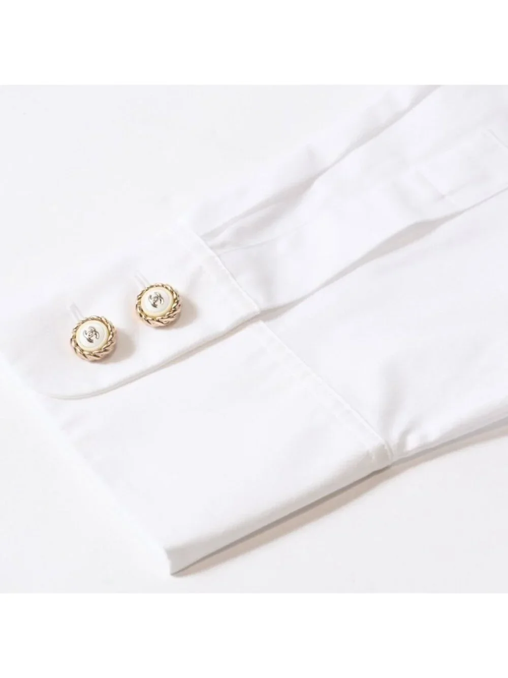 Chanel Long Sleeve Shirt Blouse CC Logo Cotton White Gold